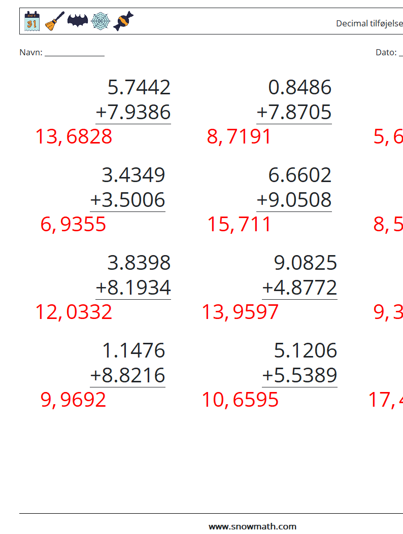 (12) Decimal tilføjelse (4 cifre) Matematiske regneark 13 Spørgsmål, svar