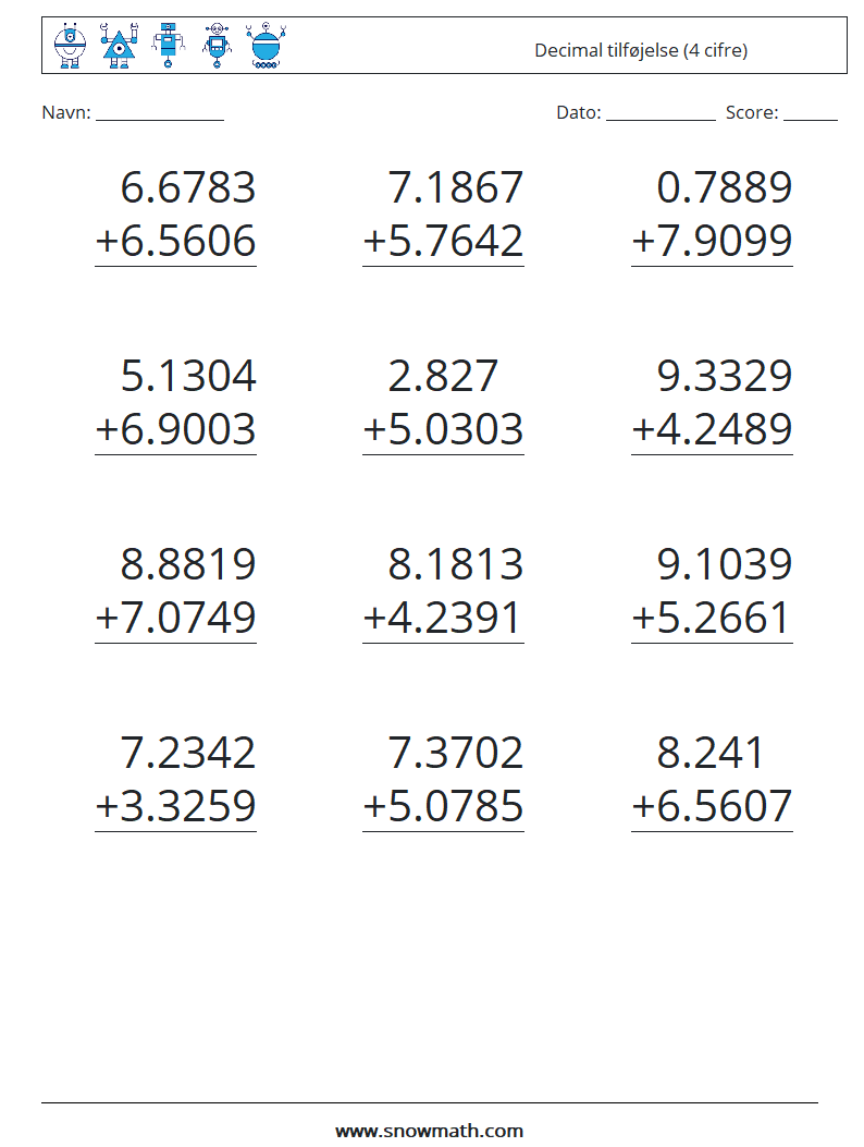 (12) Decimal tilføjelse (4 cifre) Matematiske regneark 14