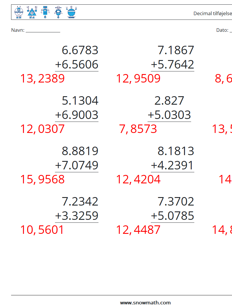 (12) Decimal tilføjelse (4 cifre) Matematiske regneark 14 Spørgsmål, svar