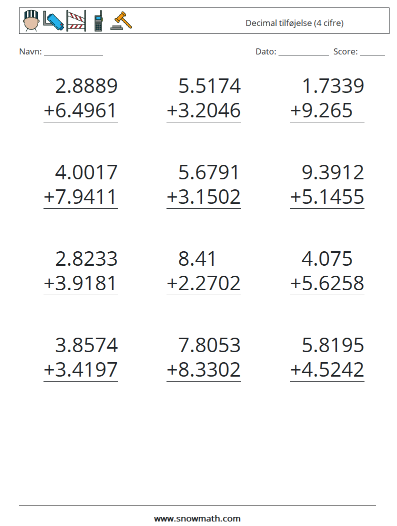 (12) Decimal tilføjelse (4 cifre) Matematiske regneark 15