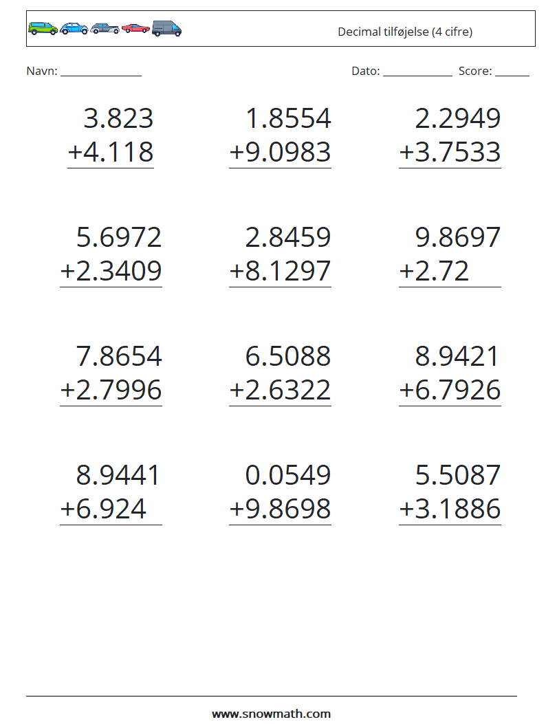 (12) Decimal tilføjelse (4 cifre) Matematiske regneark 16