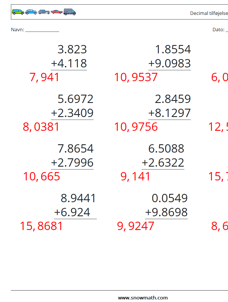 (12) Decimal tilføjelse (4 cifre) Matematiske regneark 16 Spørgsmål, svar