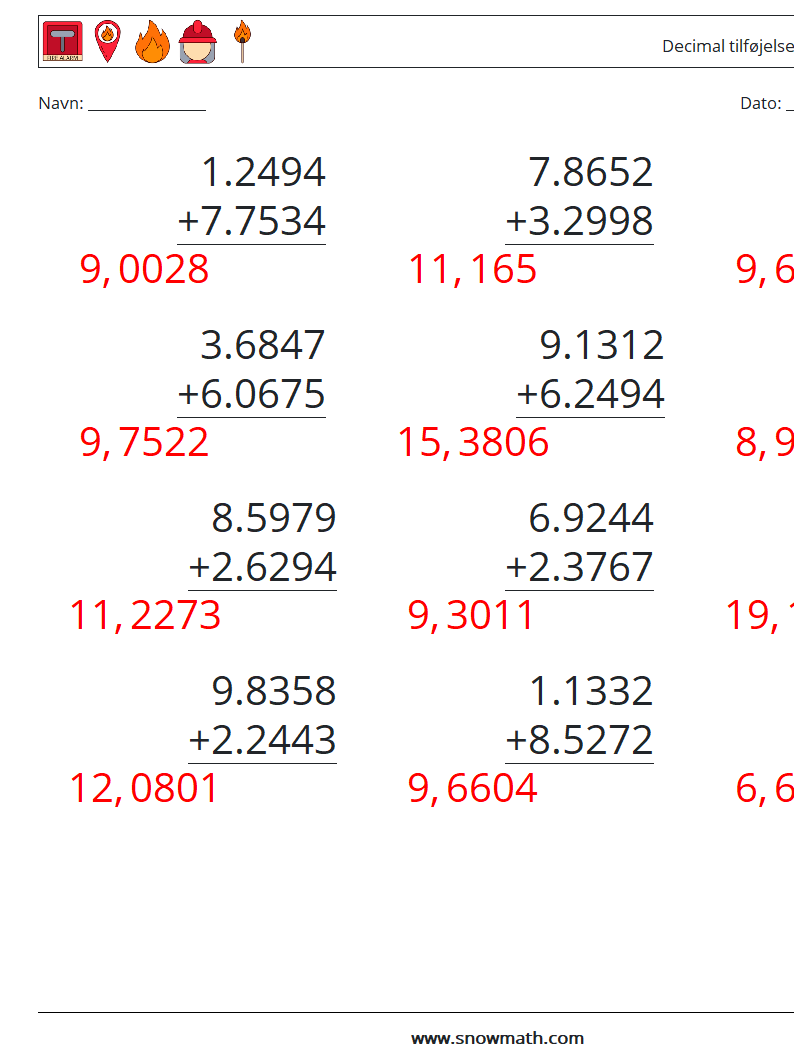 (12) Decimal tilføjelse (4 cifre) Matematiske regneark 17 Spørgsmål, svar