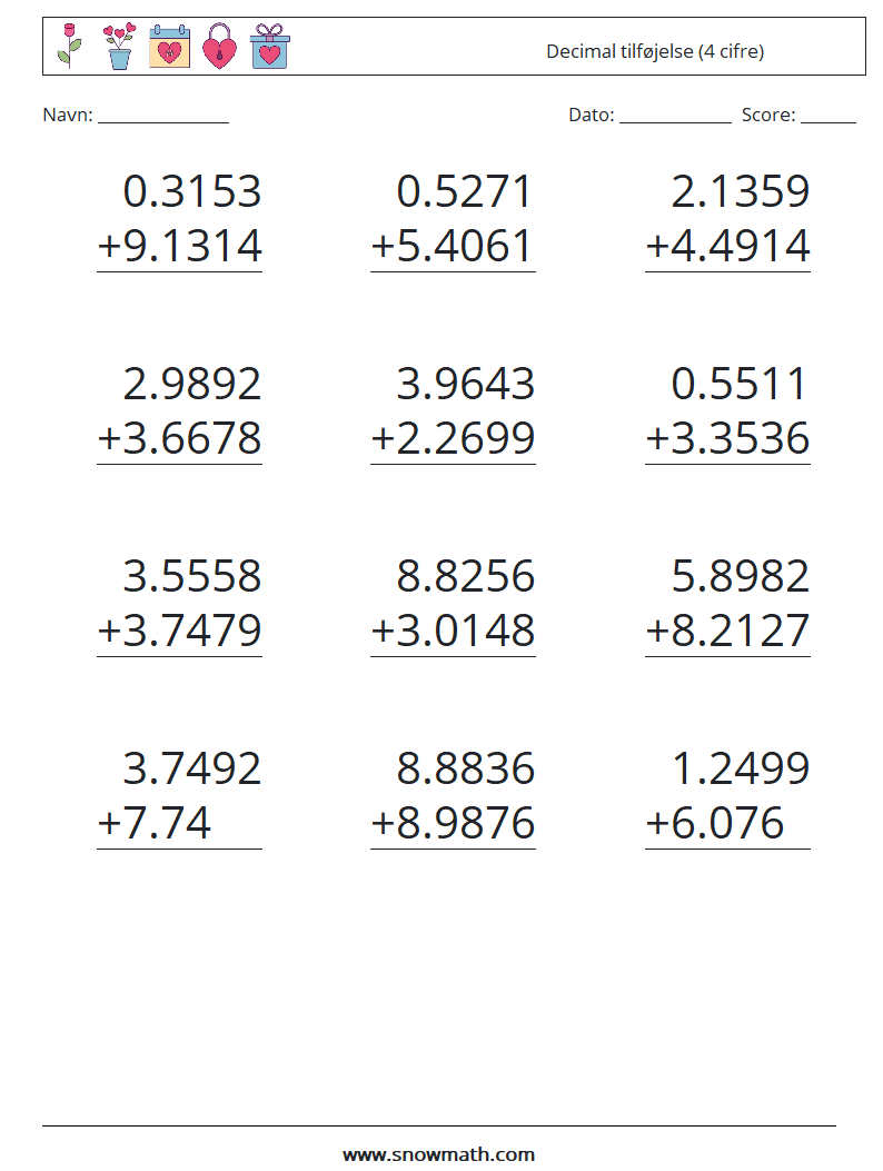 (12) Decimal tilføjelse (4 cifre) Matematiske regneark 18