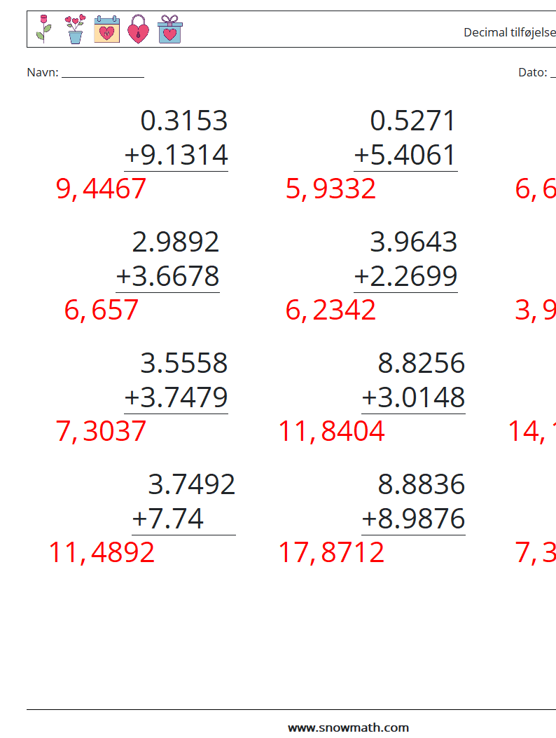 (12) Decimal tilføjelse (4 cifre) Matematiske regneark 18 Spørgsmål, svar