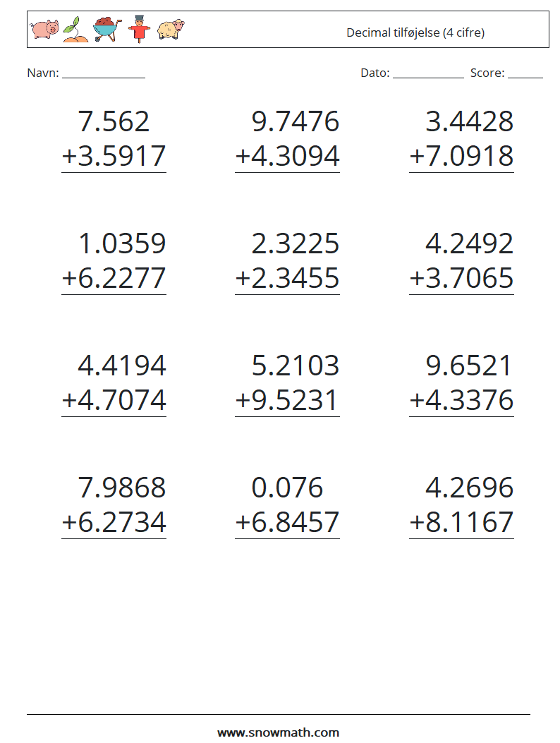 (12) Decimal tilføjelse (4 cifre) Matematiske regneark 2