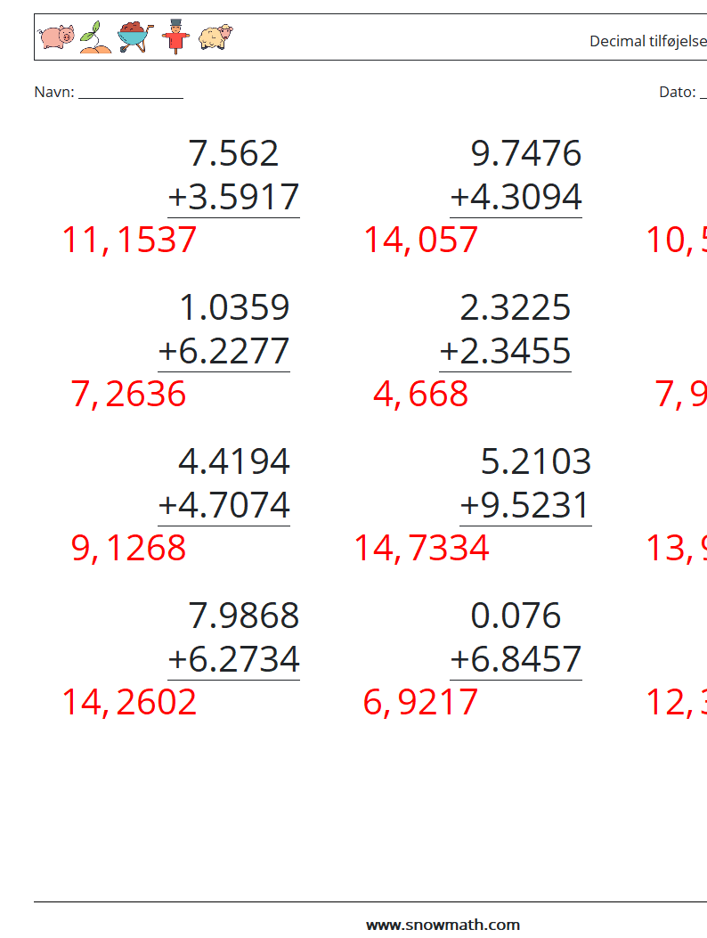 (12) Decimal tilføjelse (4 cifre) Matematiske regneark 2 Spørgsmål, svar