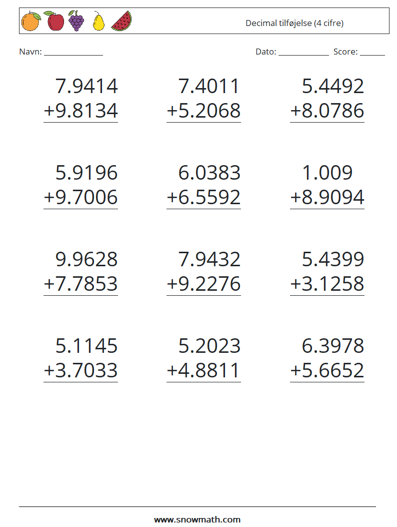 (12) Decimal tilføjelse (4 cifre) Matematiske regneark 3