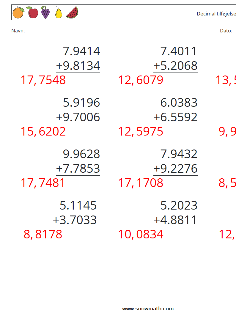 (12) Decimal tilføjelse (4 cifre) Matematiske regneark 3 Spørgsmål, svar