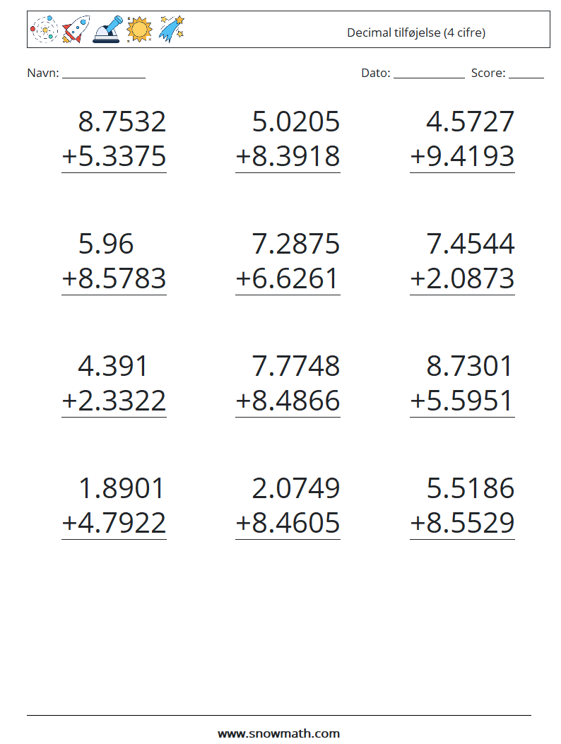 (12) Decimal tilføjelse (4 cifre) Matematiske regneark 4