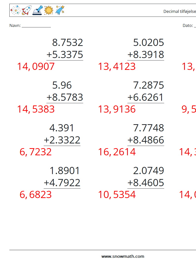 (12) Decimal tilføjelse (4 cifre) Matematiske regneark 4 Spørgsmål, svar