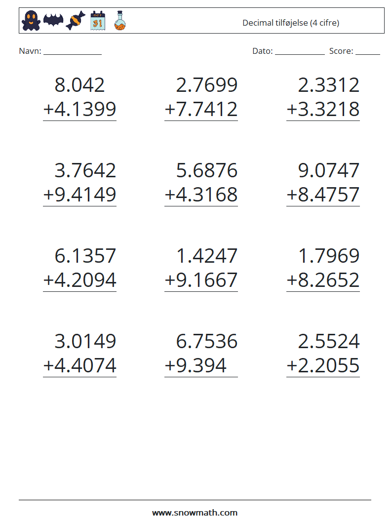 (12) Decimal tilføjelse (4 cifre) Matematiske regneark 5