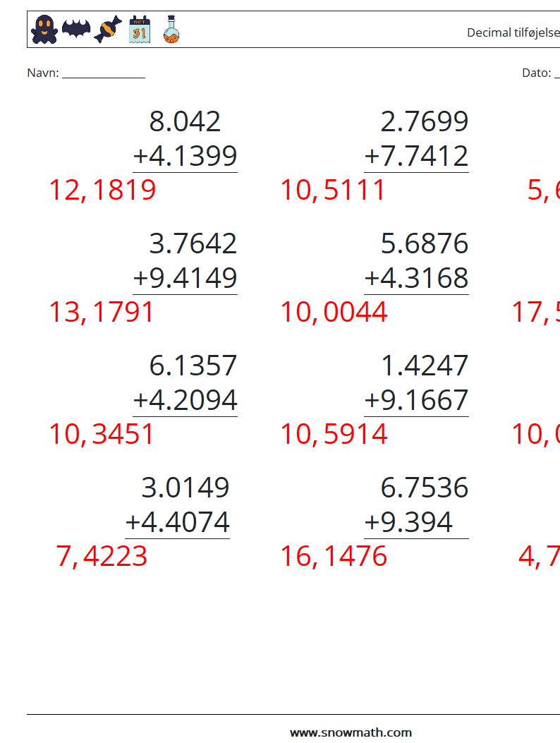 (12) Decimal tilføjelse (4 cifre) Matematiske regneark 5 Spørgsmål, svar