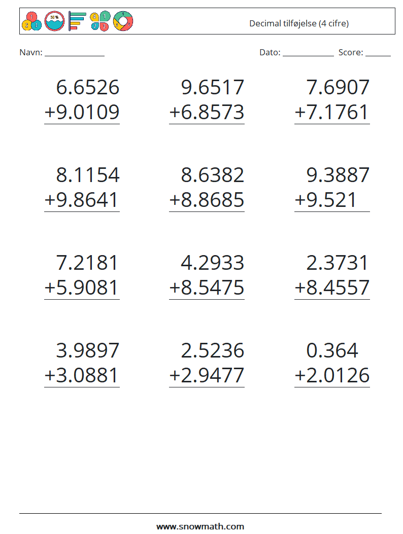 (12) Decimal tilføjelse (4 cifre) Matematiske regneark 6