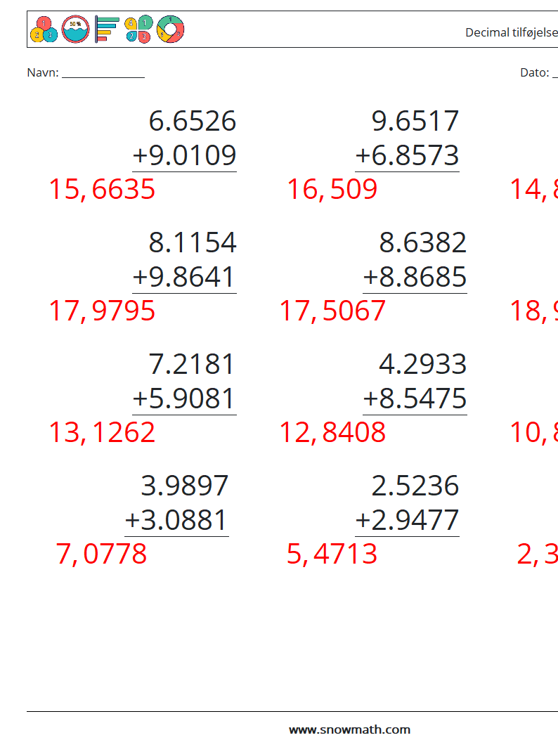 (12) Decimal tilføjelse (4 cifre) Matematiske regneark 6 Spørgsmål, svar