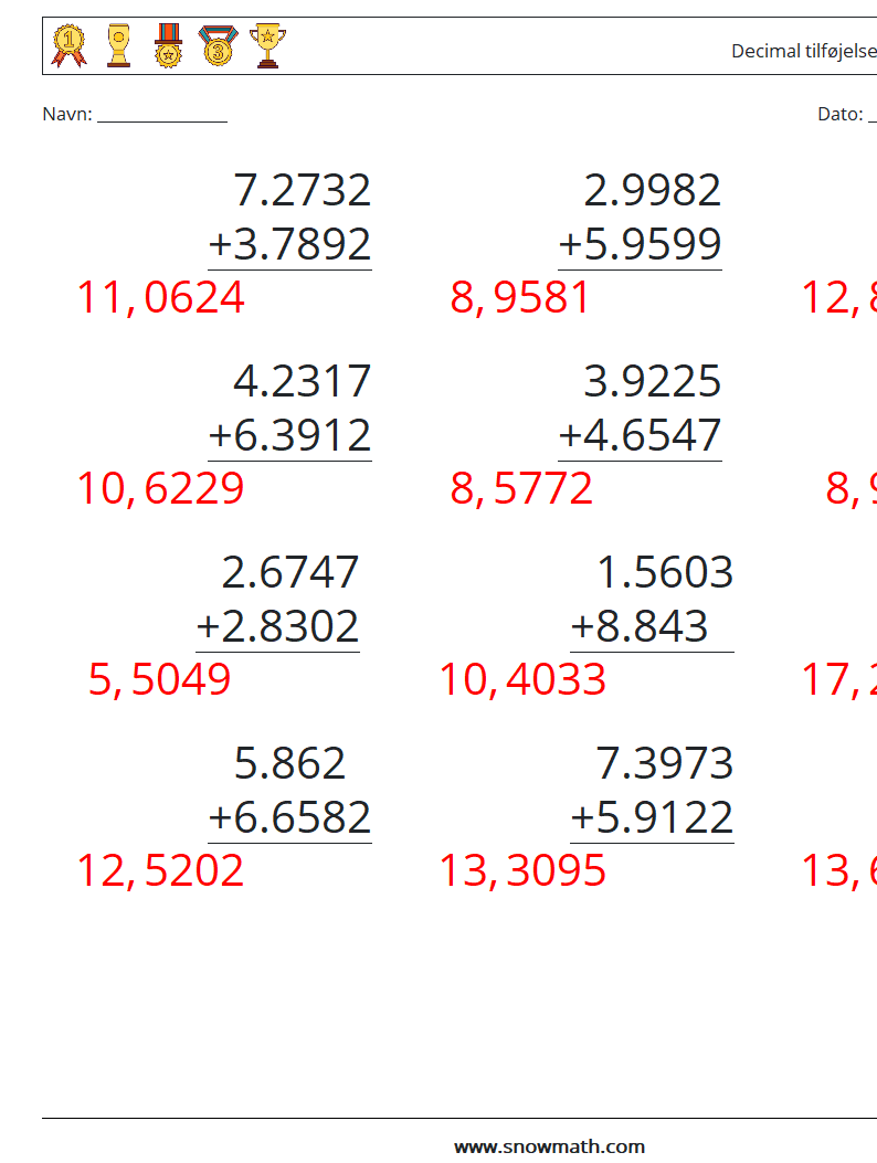 (12) Decimal tilføjelse (4 cifre) Matematiske regneark 7 Spørgsmål, svar