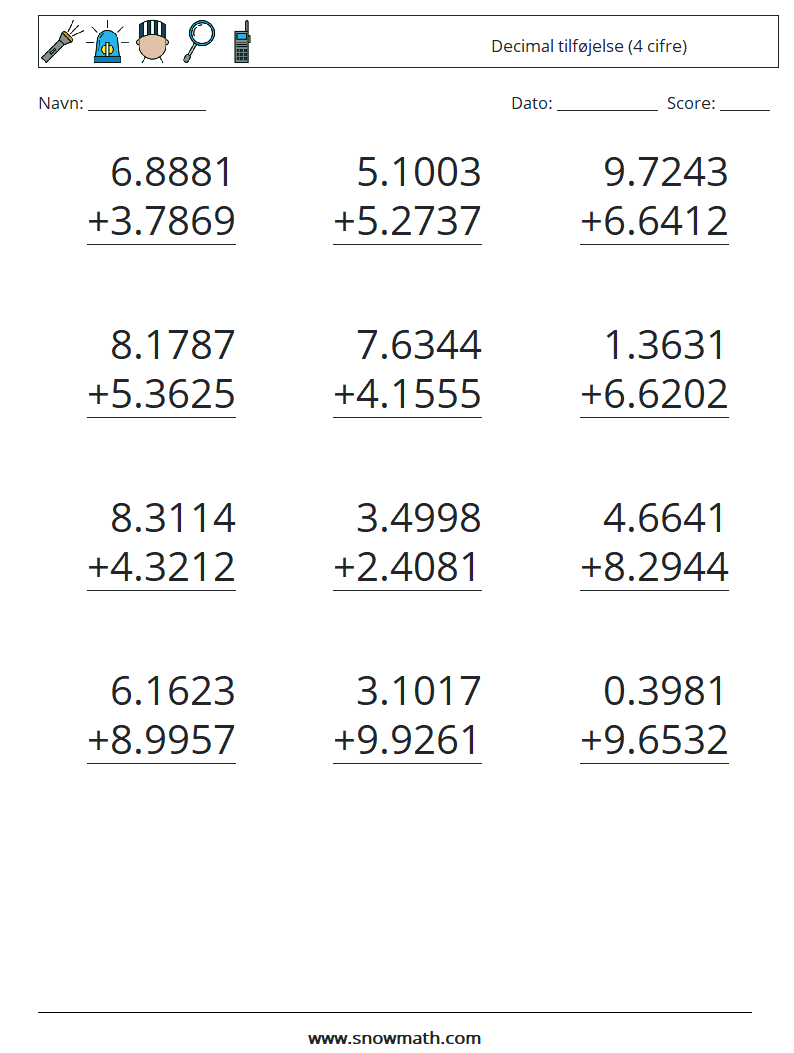 (12) Decimal tilføjelse (4 cifre) Matematiske regneark 8