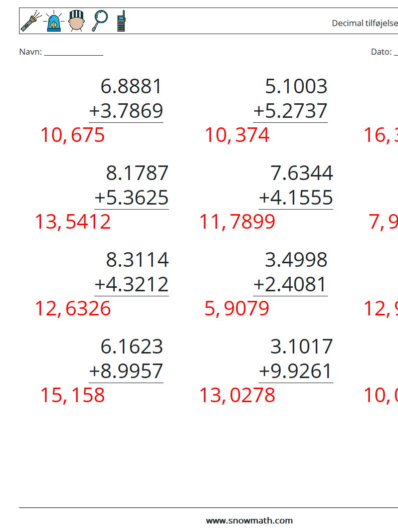 (12) Decimal tilføjelse (4 cifre) Matematiske regneark 8 Spørgsmål, svar