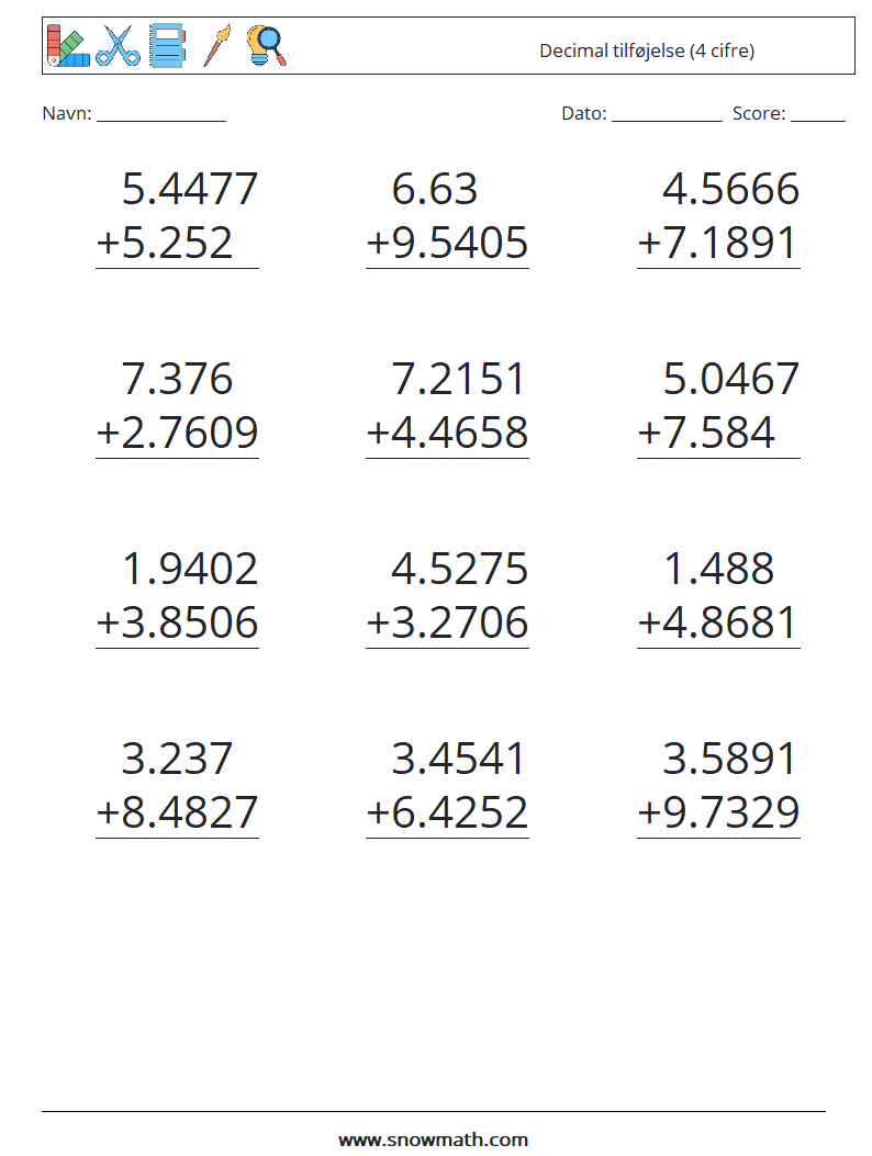 (12) Decimal tilføjelse (4 cifre) Matematiske regneark 9