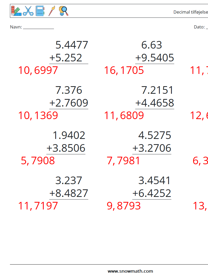 (12) Decimal tilføjelse (4 cifre) Matematiske regneark 9 Spørgsmål, svar