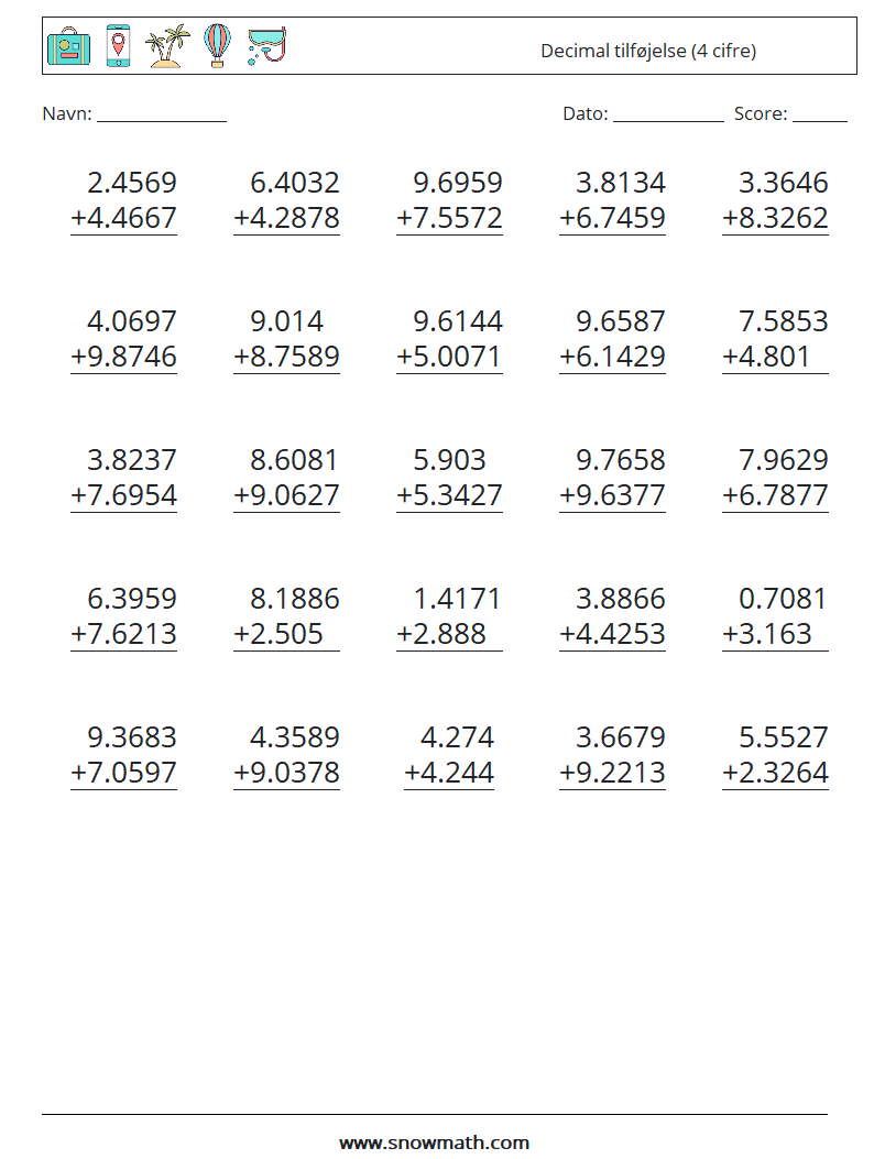 (25) Decimal tilføjelse (4 cifre) Matematiske regneark 1