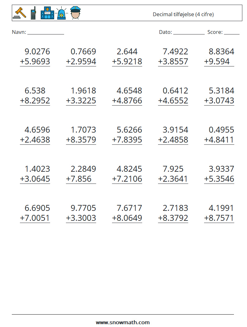 (25) Decimal tilføjelse (4 cifre) Matematiske regneark 10