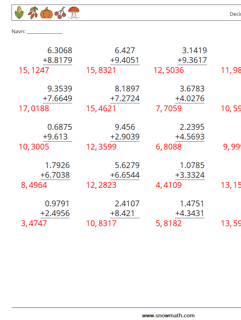 (25) Decimal tilføjelse (4 cifre) Matematiske regneark 12 Spørgsmål, svar