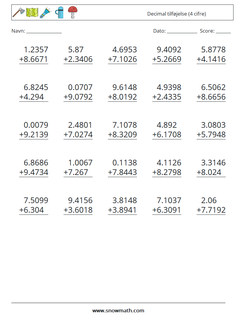 (25) Decimal tilføjelse (4 cifre) Matematiske regneark 14