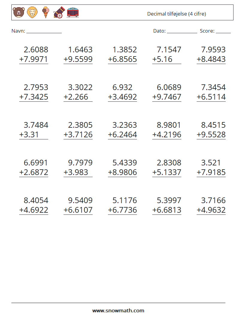 (25) Decimal tilføjelse (4 cifre) Matematiske regneark 15