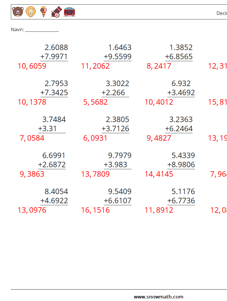 (25) Decimal tilføjelse (4 cifre) Matematiske regneark 15 Spørgsmål, svar