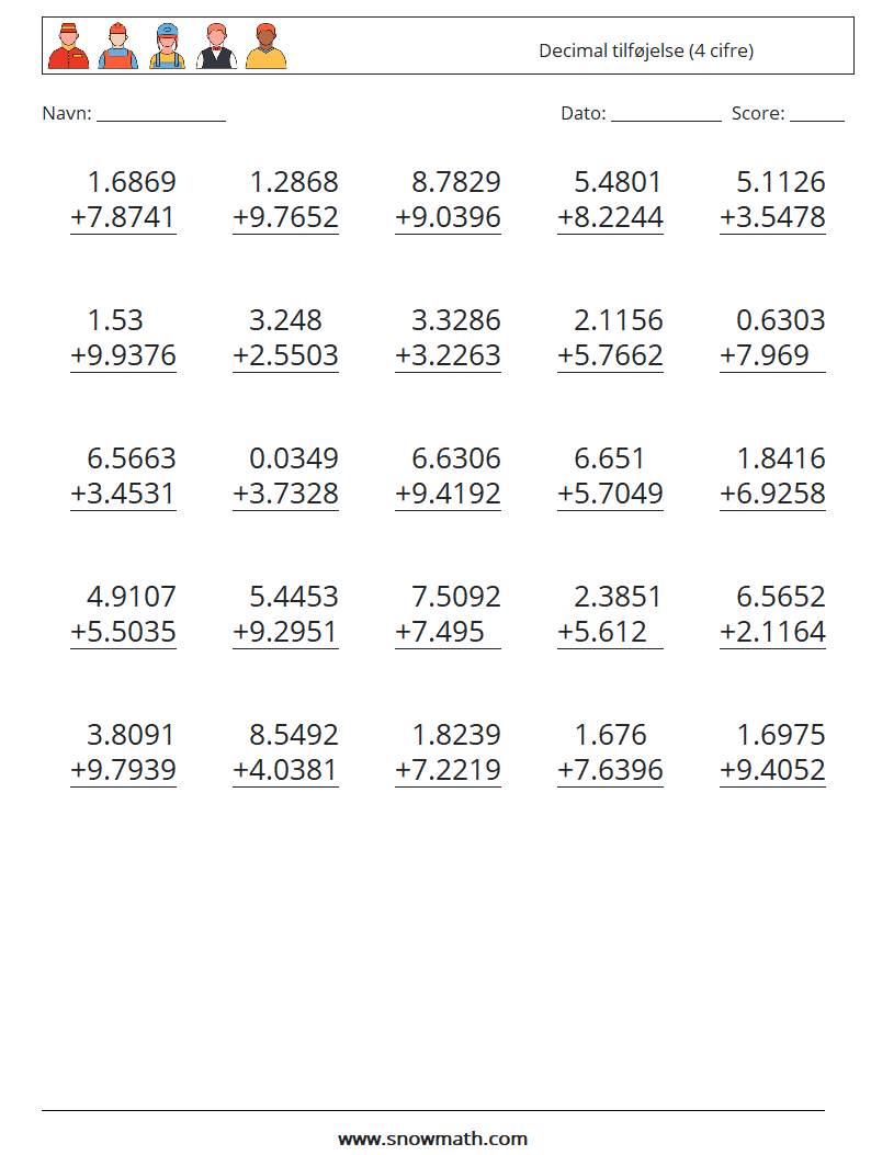 (25) Decimal tilføjelse (4 cifre) Matematiske regneark 16