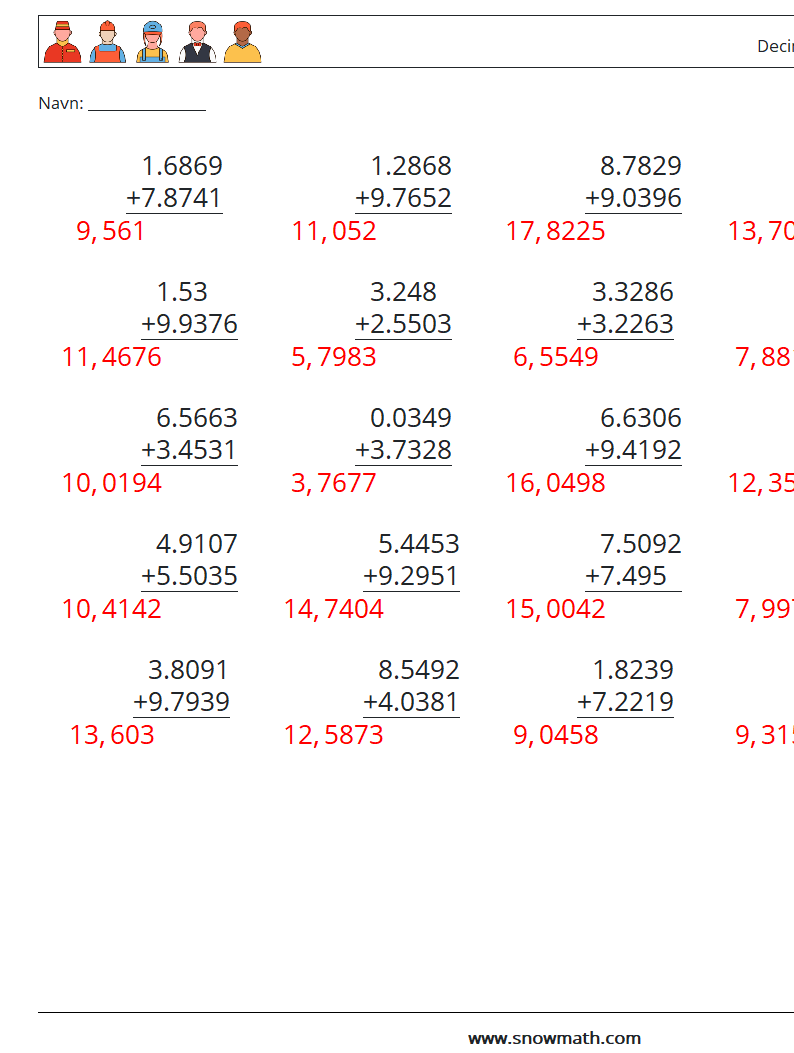 (25) Decimal tilføjelse (4 cifre) Matematiske regneark 16 Spørgsmål, svar