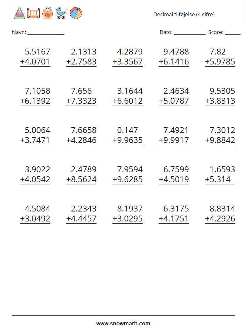 (25) Decimal tilføjelse (4 cifre) Matematiske regneark 17