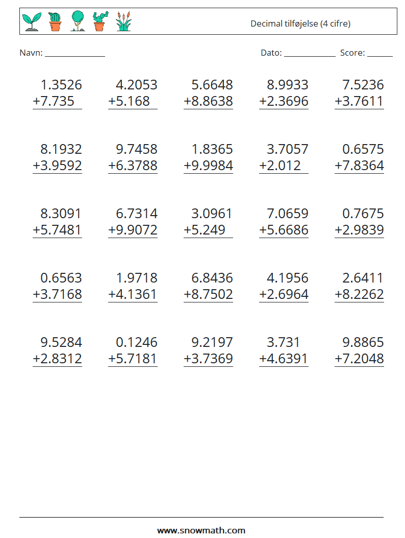 (25) Decimal tilføjelse (4 cifre) Matematiske regneark 3