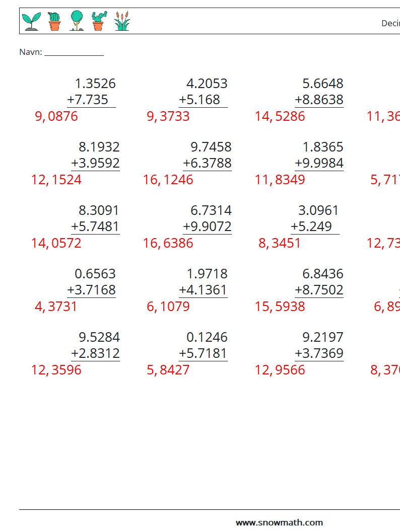 (25) Decimal tilføjelse (4 cifre) Matematiske regneark 3 Spørgsmål, svar