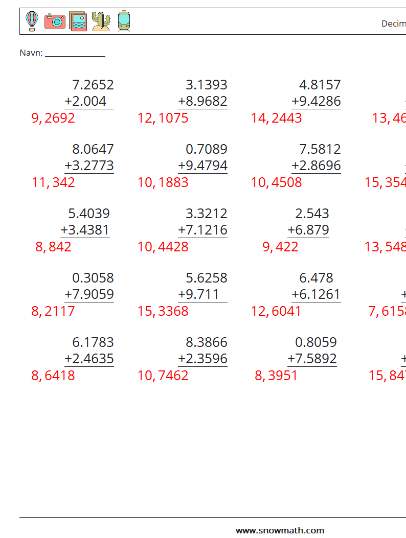 (25) Decimal tilføjelse (4 cifre) Matematiske regneark 4 Spørgsmål, svar