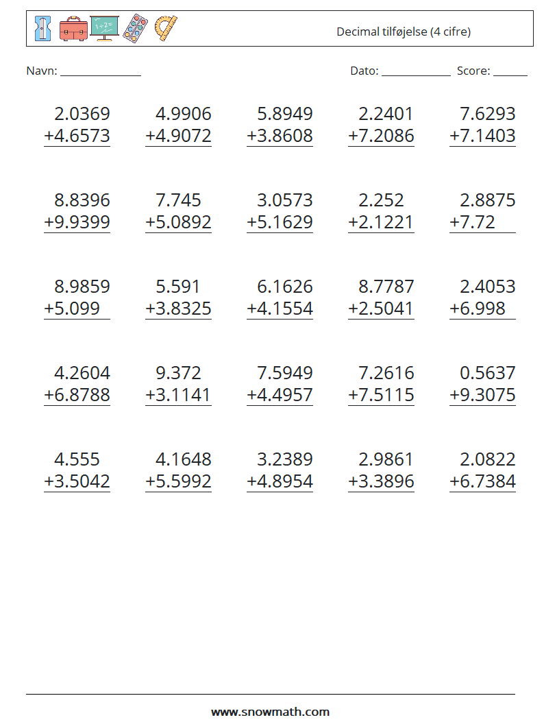 (25) Decimal tilføjelse (4 cifre) Matematiske regneark 5