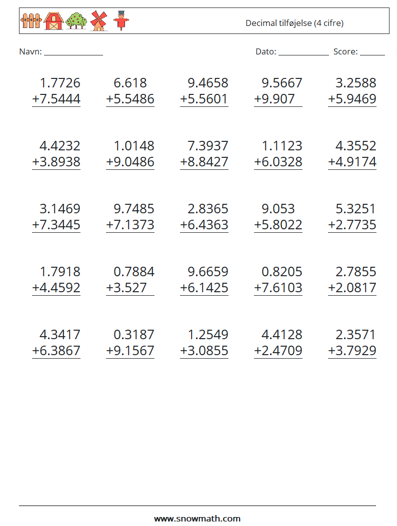 (25) Decimal tilføjelse (4 cifre) Matematiske regneark 7