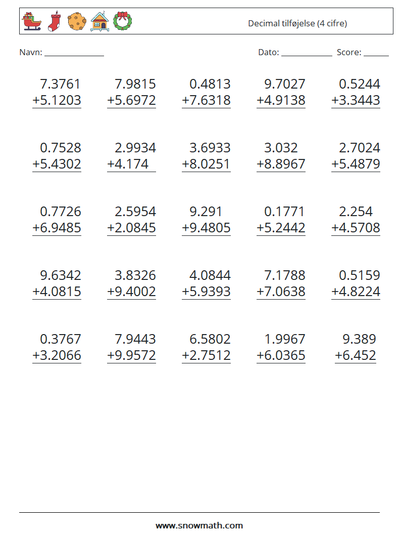 (25) Decimal tilføjelse (4 cifre) Matematiske regneark 8