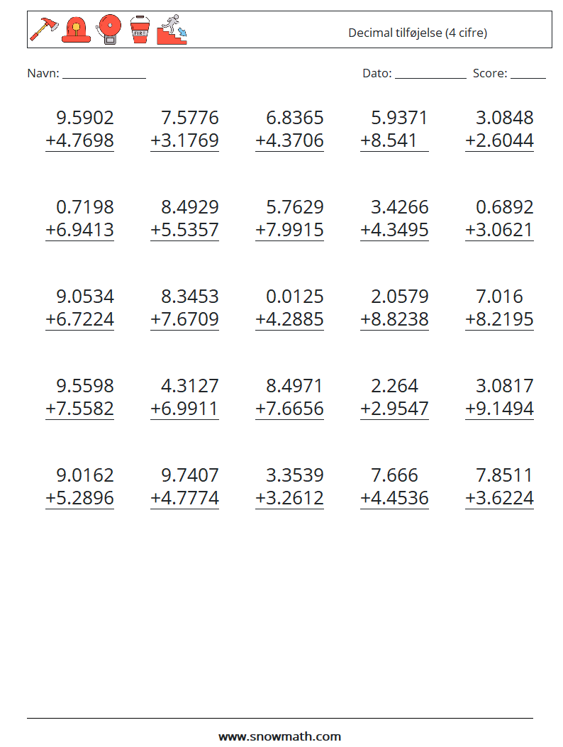 (25) Decimal tilføjelse (4 cifre) Matematiske regneark 9