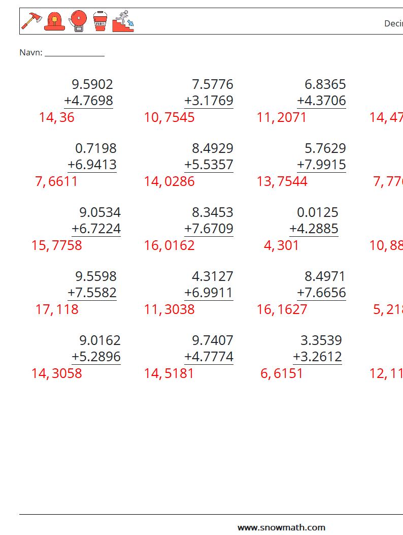 (25) Decimal tilføjelse (4 cifre) Matematiske regneark 9 Spørgsmål, svar