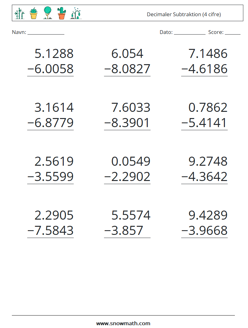 (12) Decimaler Subtraktion (4 cifre)