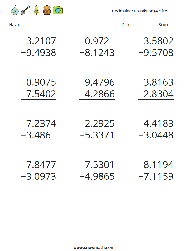 (12) Decimaler Subtraktion (4 cifre) Matematiske regneark 10