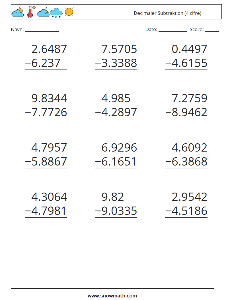 (12) Decimaler Subtraktion (4 cifre) Matematiske regneark 11