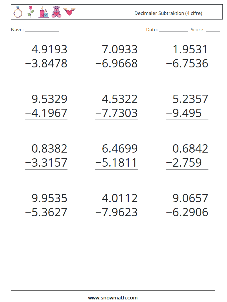 (12) Decimaler Subtraktion (4 cifre) Matematiske regneark 12