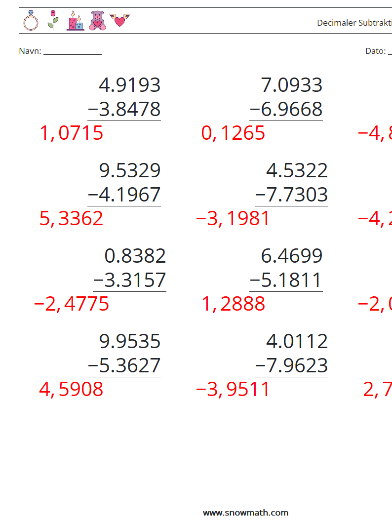 (12) Decimaler Subtraktion (4 cifre) Matematiske regneark 12 Spørgsmål, svar