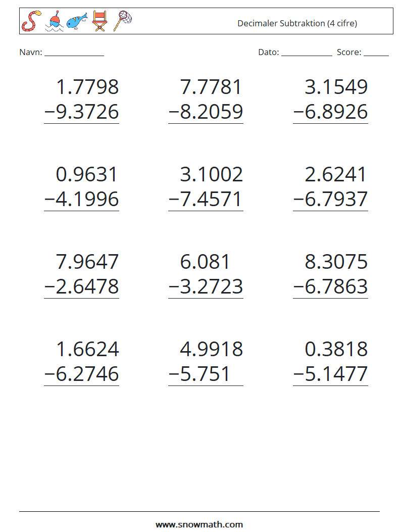 (12) Decimaler Subtraktion (4 cifre) Matematiske regneark 13