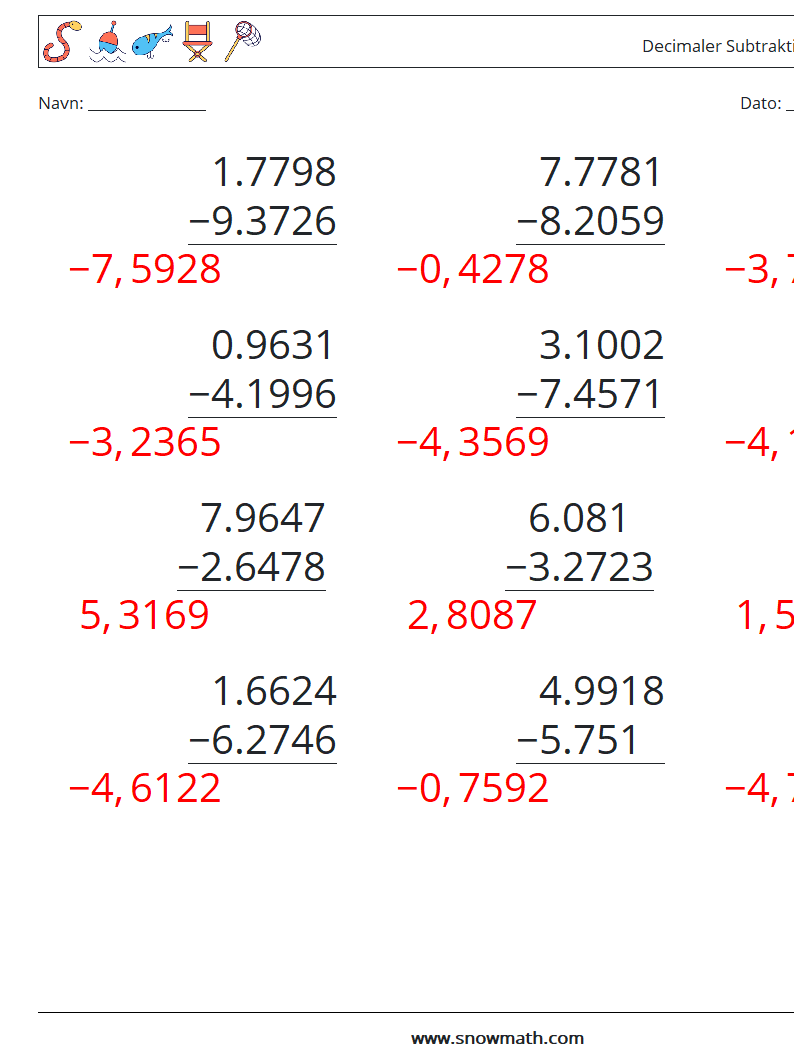 (12) Decimaler Subtraktion (4 cifre) Matematiske regneark 13 Spørgsmål, svar