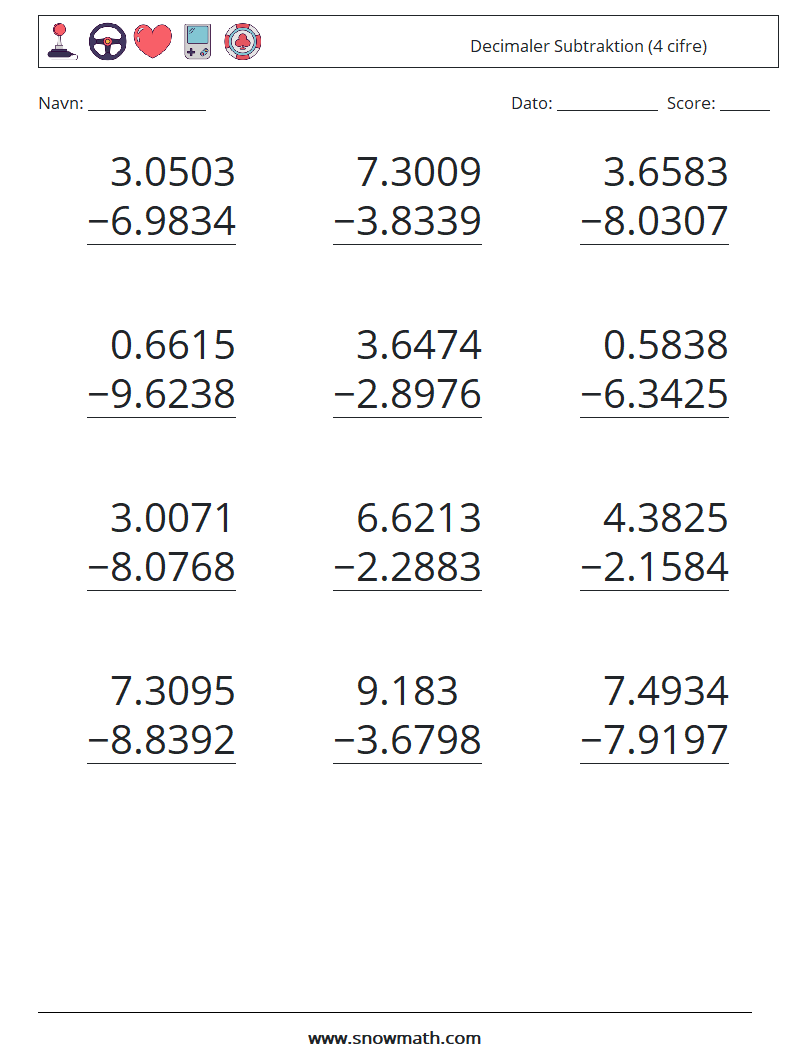 (12) Decimaler Subtraktion (4 cifre) Matematiske regneark 14