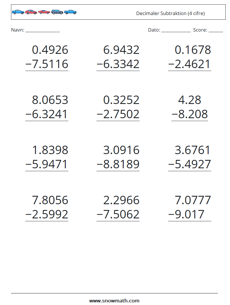 (12) Decimaler Subtraktion (4 cifre) Matematiske regneark 16